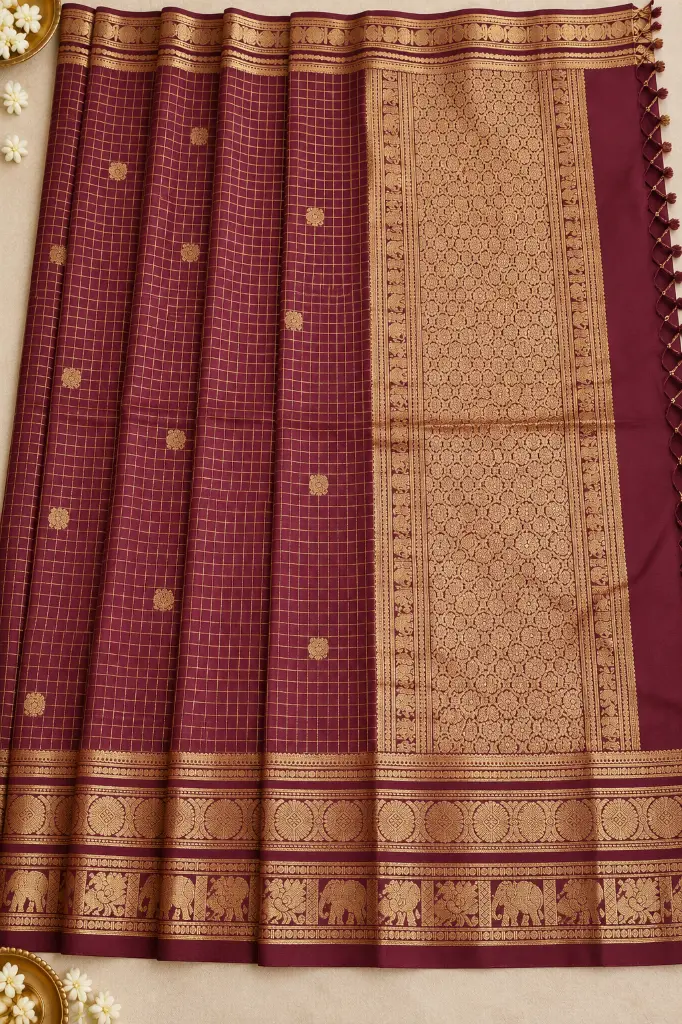 Maroon Gold Zari Silk Saree Flat Lay.webp
