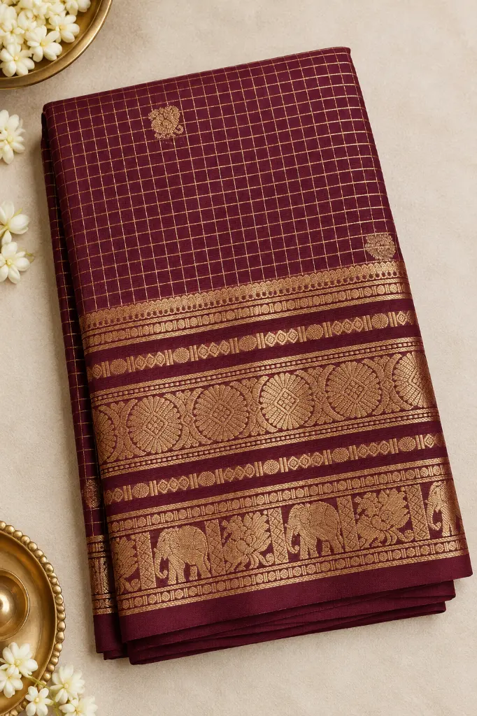 Maroon Silk Saree with Gold Zari Elegance.webp