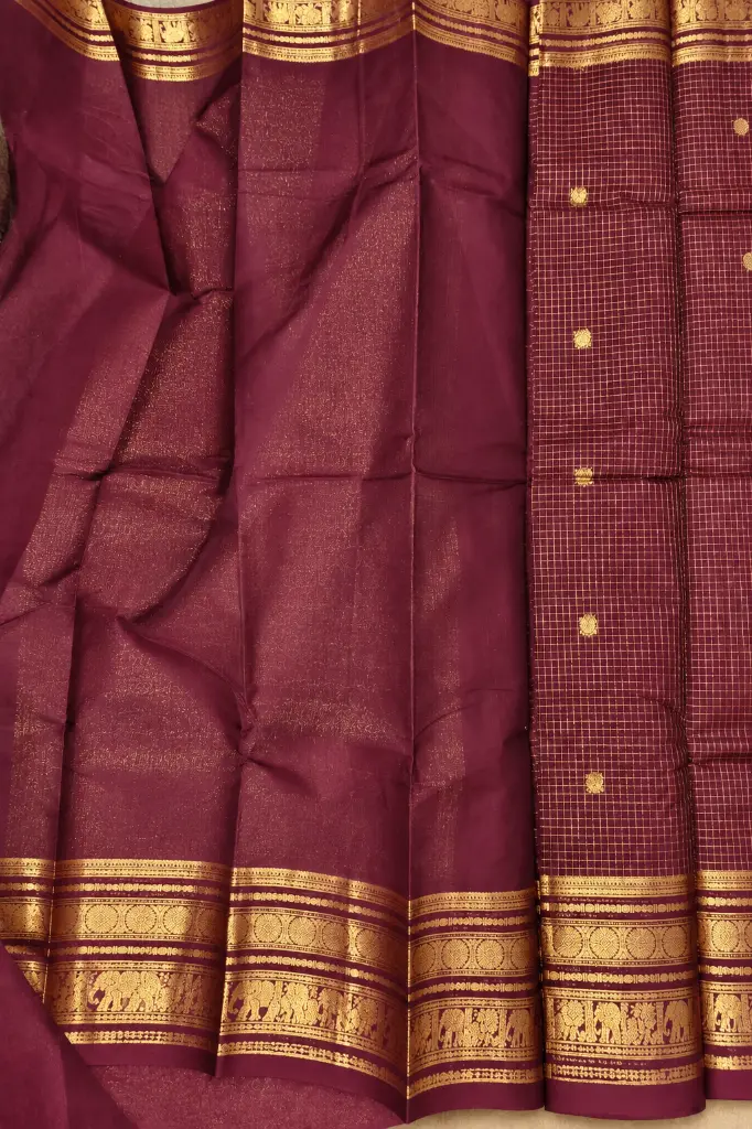 Maroon Saree with Gold Zari Elephants.webp