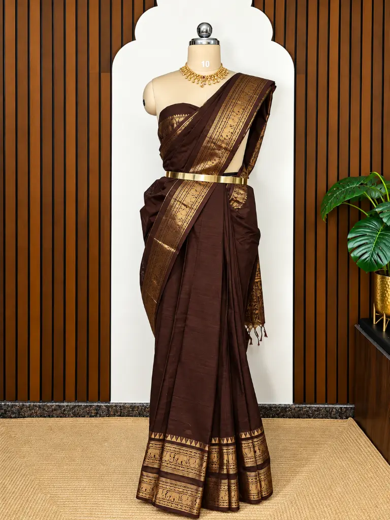 Chocolate Brown Saree Showroom Display.webp