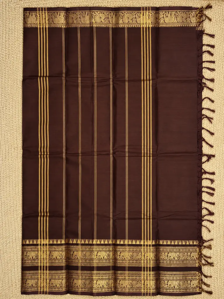 Chocolate Brown Zari Silk Saree Flat Lay.webp