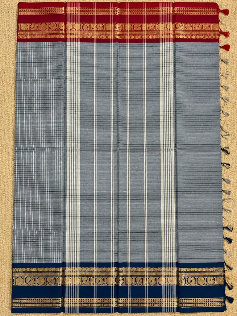 Grey-Blue Saree with Maroon and Navy Zari Borders.webp