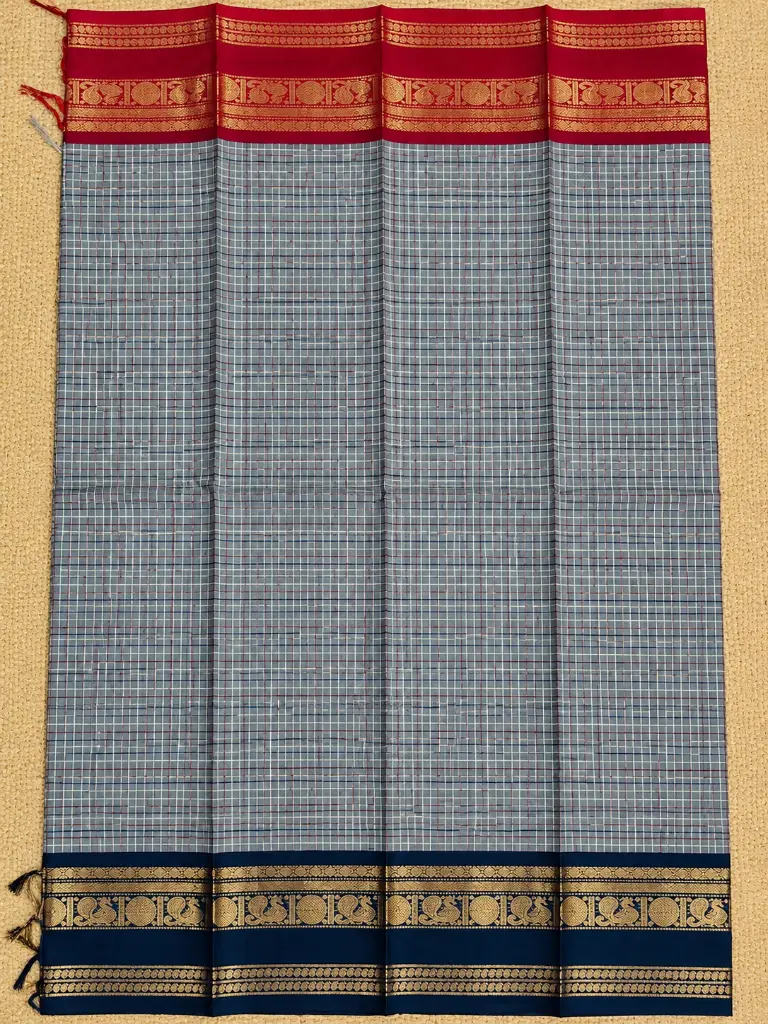 Grey-Blue Checked Saree with Zari Borders.webp