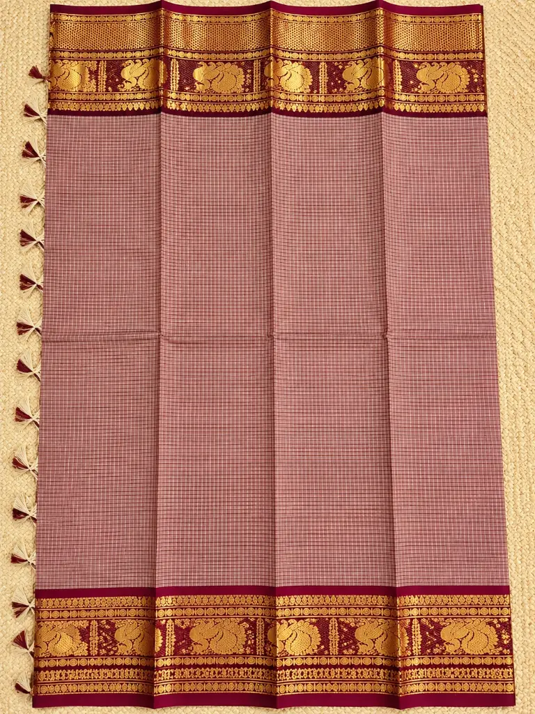 Dusty Rose Checked Sari with Gold Zari Borders.webp