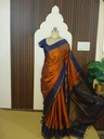 Rust Orange Soft Silk Saree with Navy Blue Contrast Border and Traditional Pallu