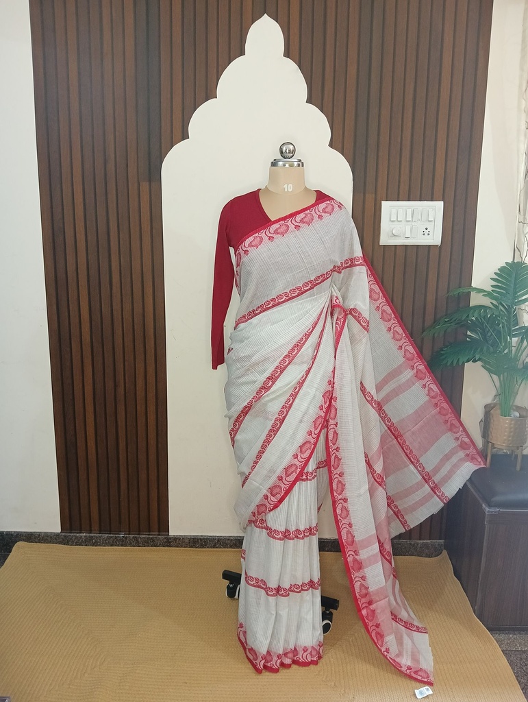 [SUP-HLC-001] Elegant White Cotton Saree with Crimson Red Woven Stripes