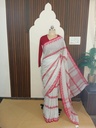 Elegant White Cotton Saree with Crimson Red Woven Stripes