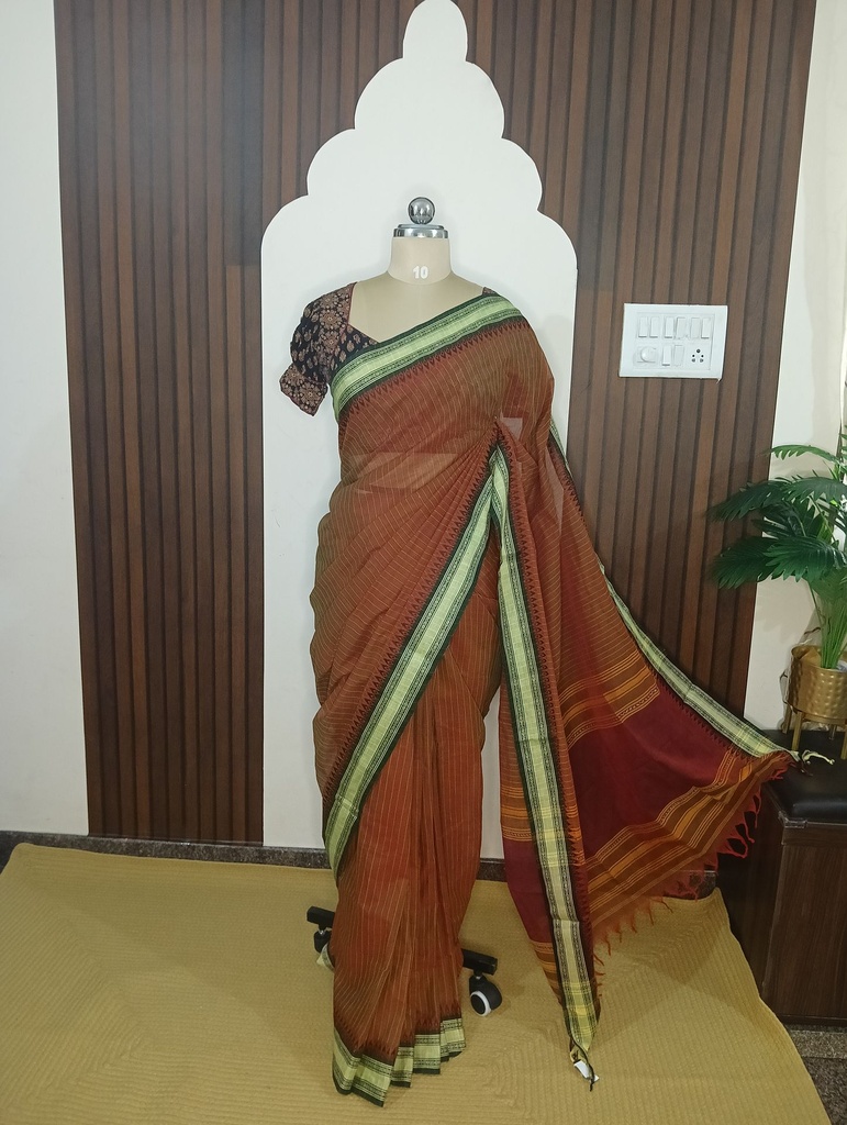 [SUP-HLC-003] Rust Brown Handloom Cotton Saree with Traditional Green Border