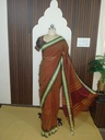 Rust Brown Handloom Cotton Saree with Traditional Green Border