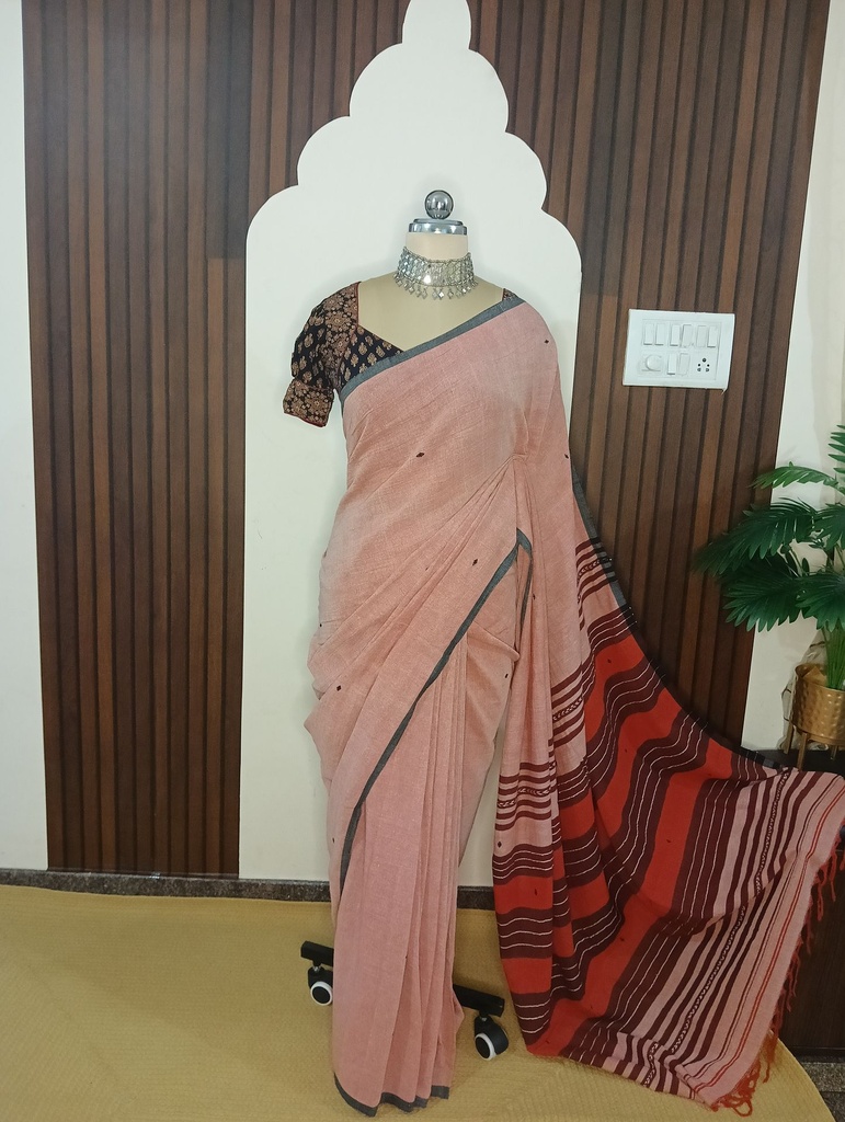 [SUP-HLC-006] Pastel Peach-Pink Pure Khadi Cotton Saree with Grey Border and Striped Pallu