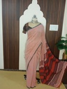 Pastel Peach-Pink Pure Khadi Cotton Saree with Grey Border and Striped Pallu