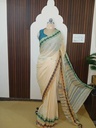 Cream Pure Cotton Saree with Mint Green Border and Hand-Woven Fish Motifs