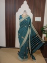 Teal Blue Pure Cotton Saree with Mint Green Border and Hand-Woven Owl Motifs