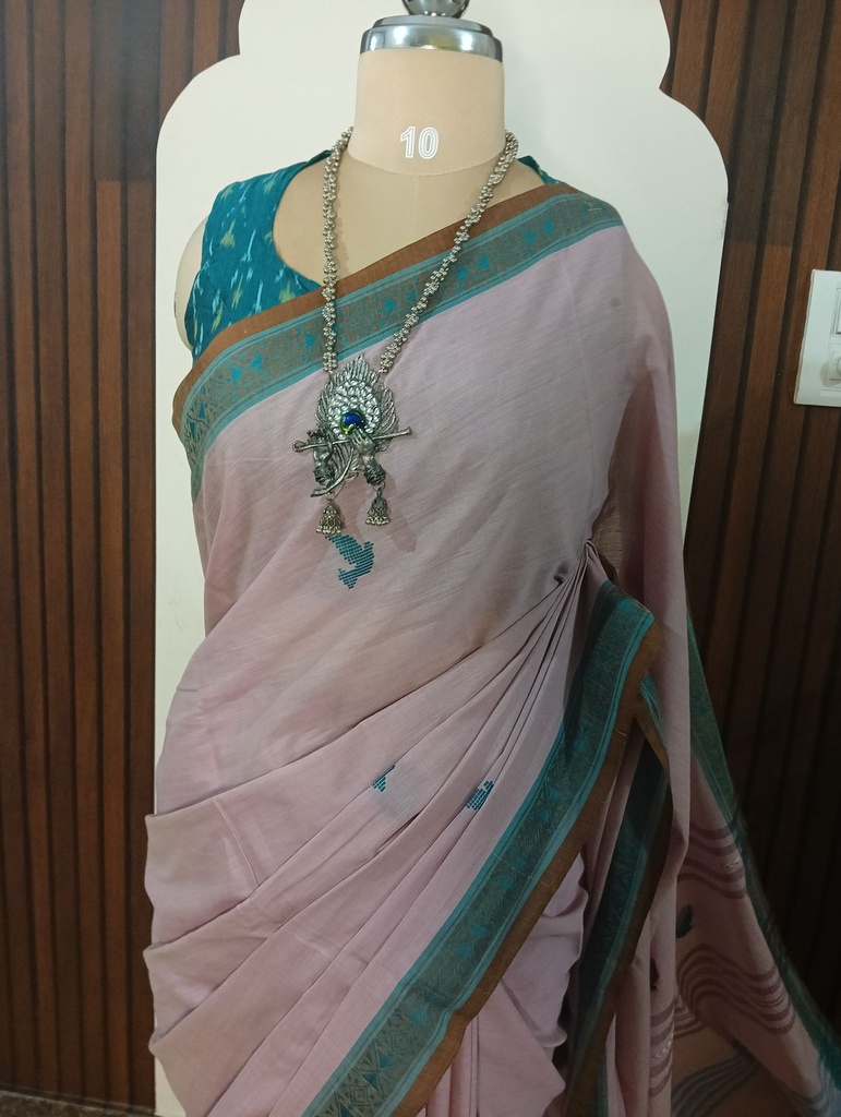 [SUP-HLC-008] Pastel Lavender-Pink Pure Cotton Saree with Teal Grey Border and Hand-Woven Bird Motifs