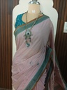 Pastel Lavender-Pink Pure Cotton Saree with Teal Grey Border and Hand-Woven Bird Motifs