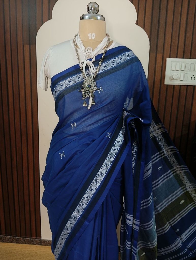 [SUP-HLC-009] Handloom Royal Blue Cotton Saree with Traditional Borders