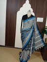 Grey handloom saree with Blue & Black Borders