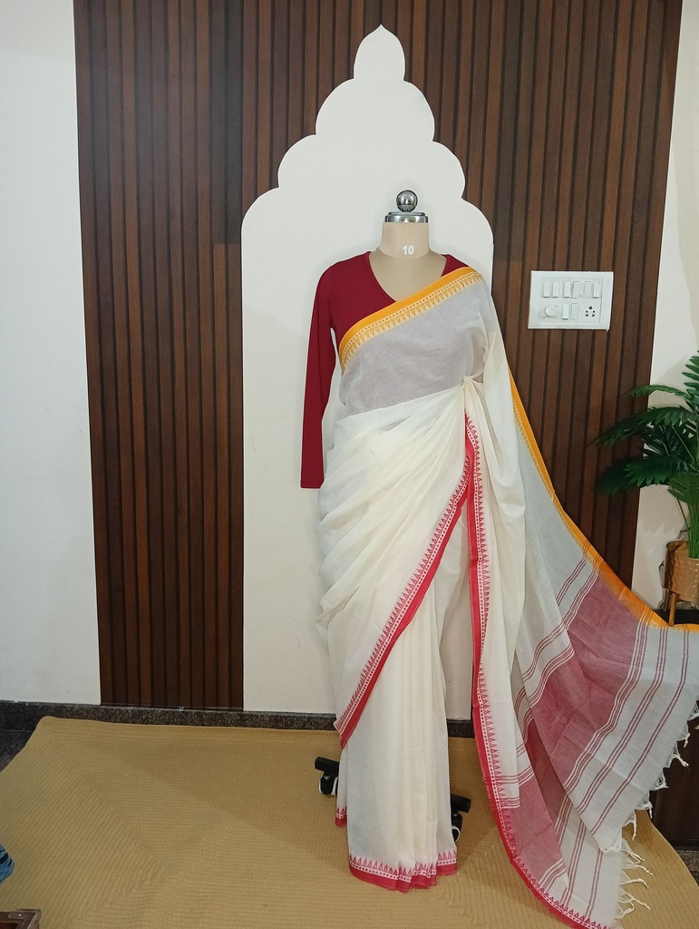 [SUP-HLC-015] Off-White Handloom Cotton Saree accented with vibrant red and mustard borders (Ganga Jamuna border).