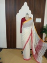 Off-White Handloom Cotton Saree accented with vibrant red and mustard borders (Ganga Jamuna border).