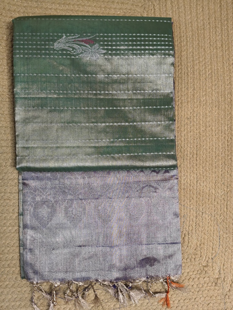 [SUP-HLT-003] Tissue Handloom- Sage Green & Lavender Grey Saree with Silver Zari Motifs