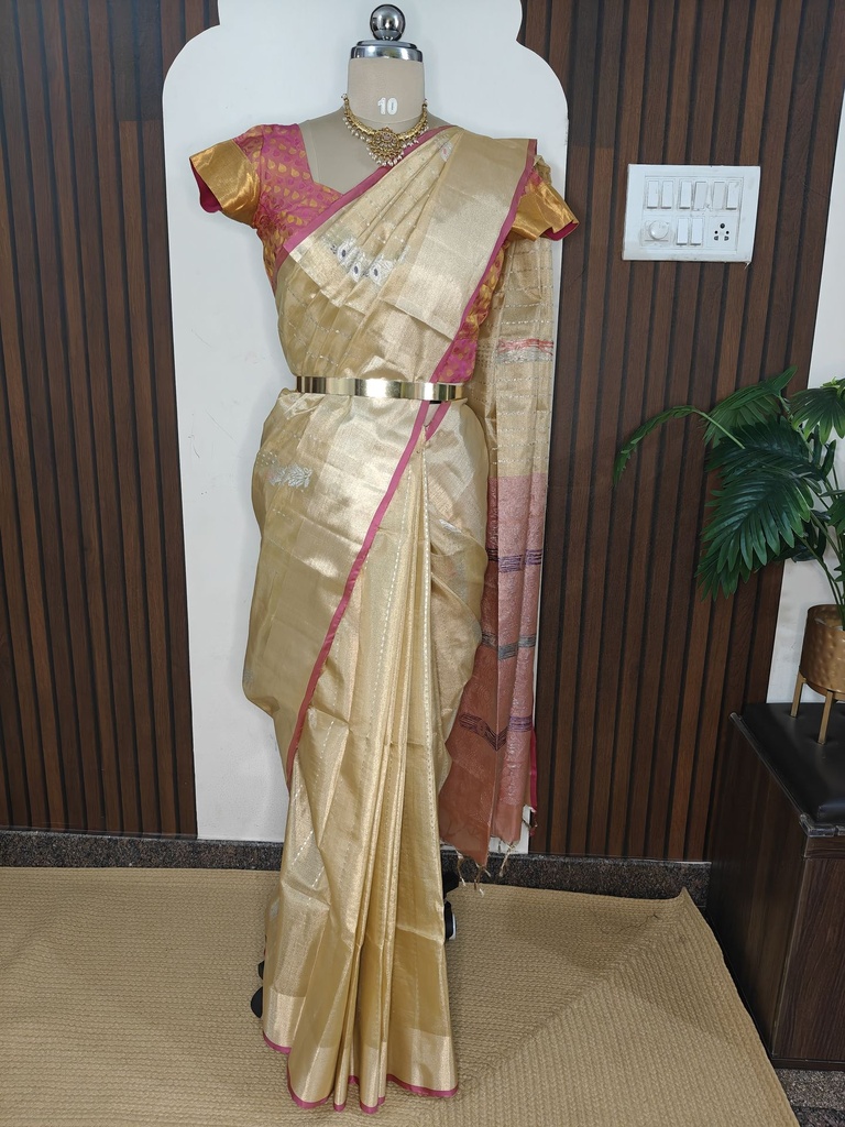 [SUP-HLT-004] Tissue Handloom- Lemon Gold with Dusty Peach Jacquard Pallu