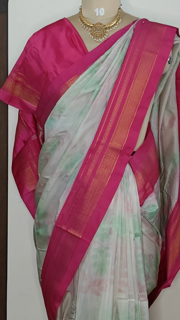 [SUP-ILK-007] Handloom Ilkal Silk Saree – Pastel Blush Pink & Pista Green Body with Rani Pink Pallu