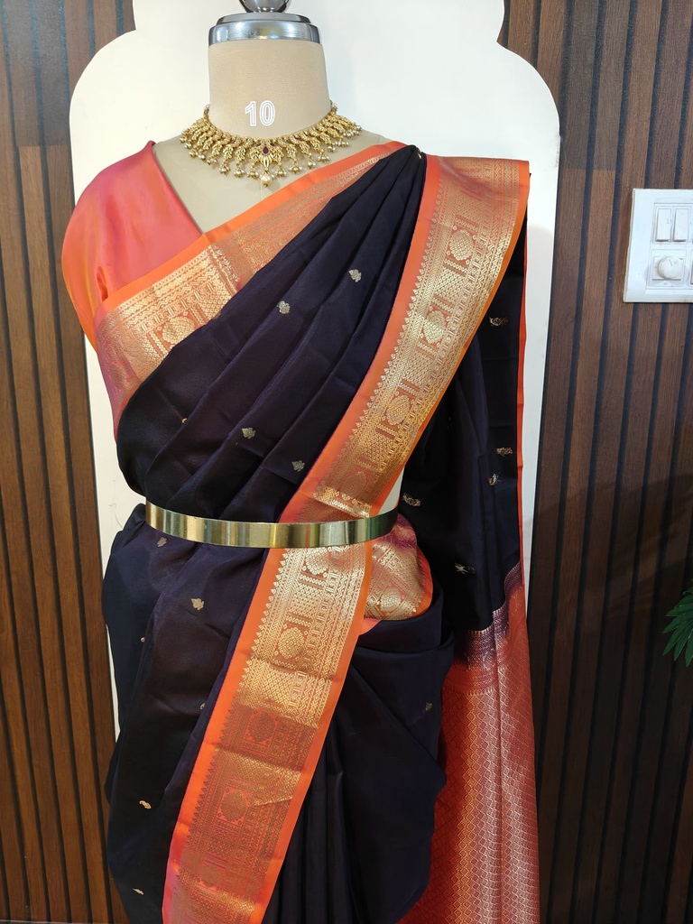 [SUP-SOS-005] Soft Pure Silk Saree – Deep Plum Purple with Orange Zari Pallu & Gold Zari Buttas