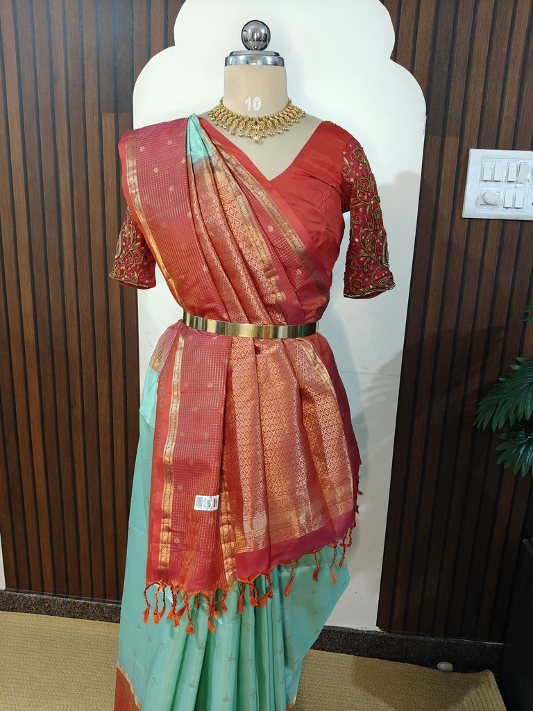 [SUP-SOS-006] Sea Green and Red Pure Silk Saree with Zari Border and Buta Work | Silk Mark Certified