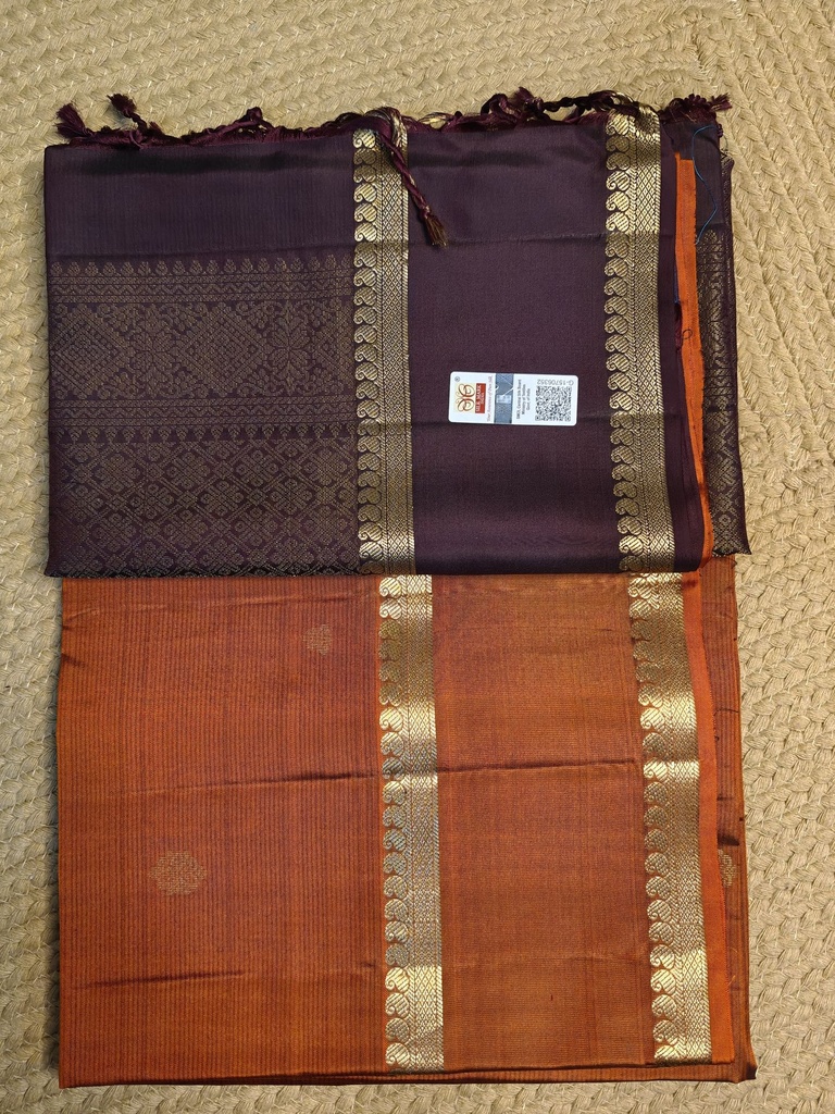 [SUP-SOS-008] Rust Orange & Deep Plum Pure Silk Saree with Ornate Golden Zari Pallu