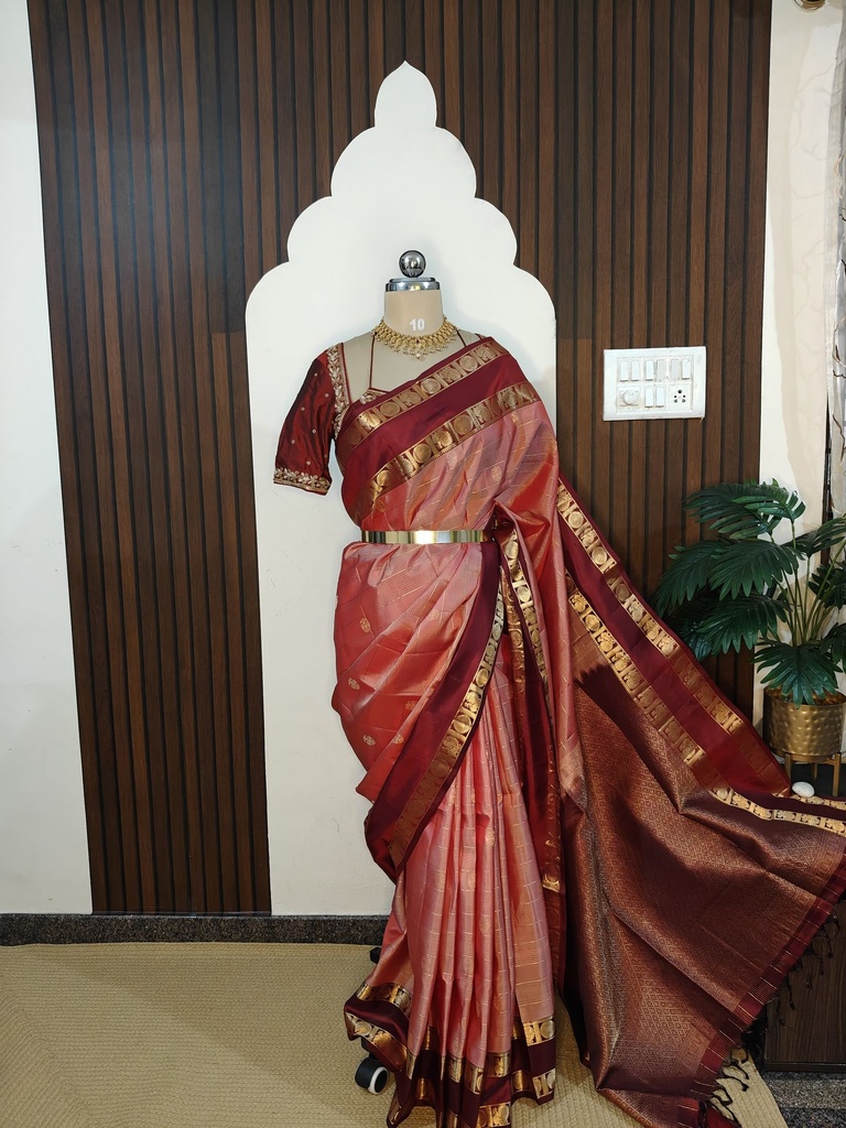 [SUP-SOS-009] Peach Pink and Maroon Pure Silk Saree with Peacock Zari Border | Silk Mark Certified