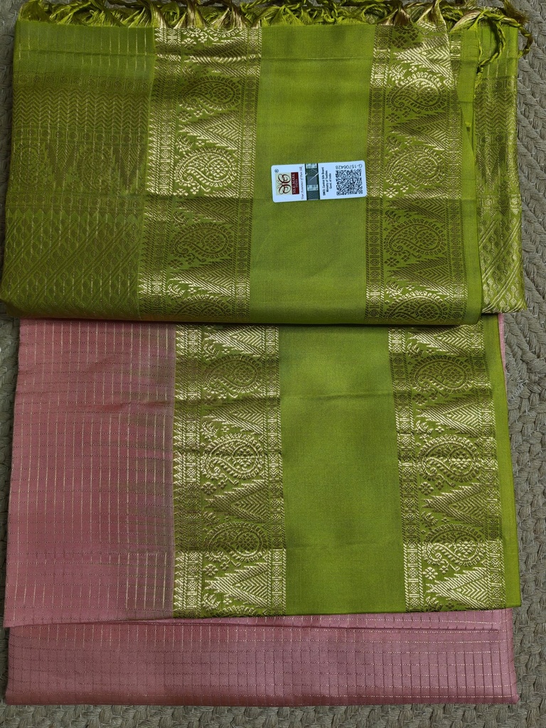 [SUP-SOS-010] Pastel Pink & Vibrant Lime Green Pure Silk Saree with Ornate Golden Zari Pallu