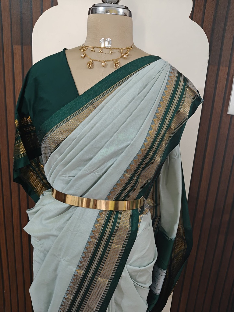 Authentic Ilkal Handloom Saree – Pista Green Body with Bottle Green Pallu & Gold Zari Border