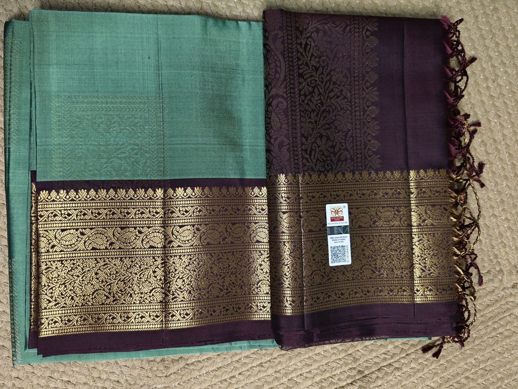 Emerald Green Silk Saree with Antique Gold Zari & Rich Brown Border| Silk Mark Certified