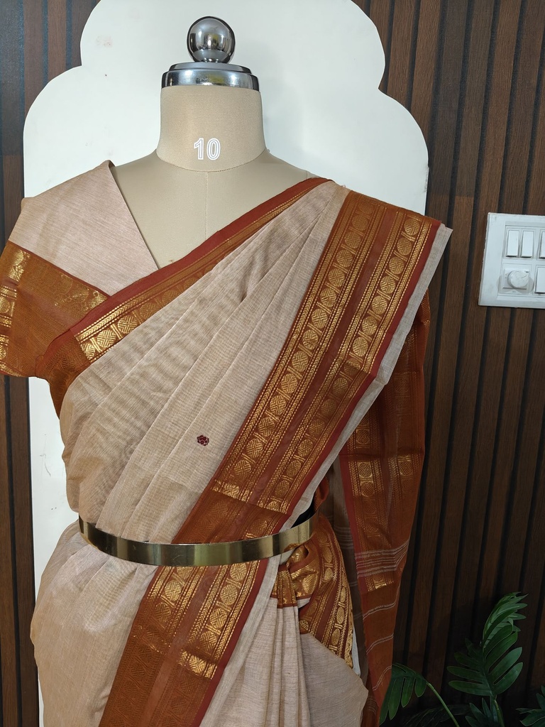 Pastel Peach Saree with Rich Orange Border & Golden Woven Detailing