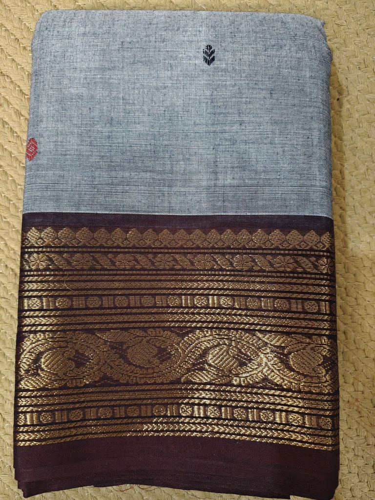 Grey-Blue Saree with Rich Brown & Antique Gold Border- kanchi cotton