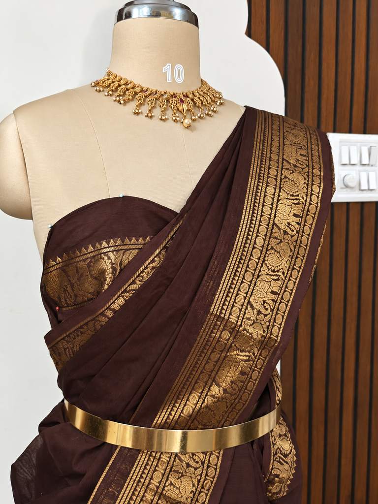 Chocolate Brown Kanchi Cotton Saree with Traditional Gold Zari Border