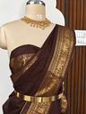 Chocolate Brown Kanchi Cotton Saree with Traditional Gold Zari Border