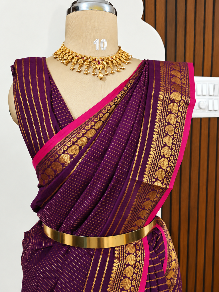 Purple Kanchi Cotton Saree with Gold Zari Stripes & Pink Border