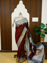 Traditional Ilkal Saree – Maroon Body with Silver-Grey Pallu & Chikki Paras Border