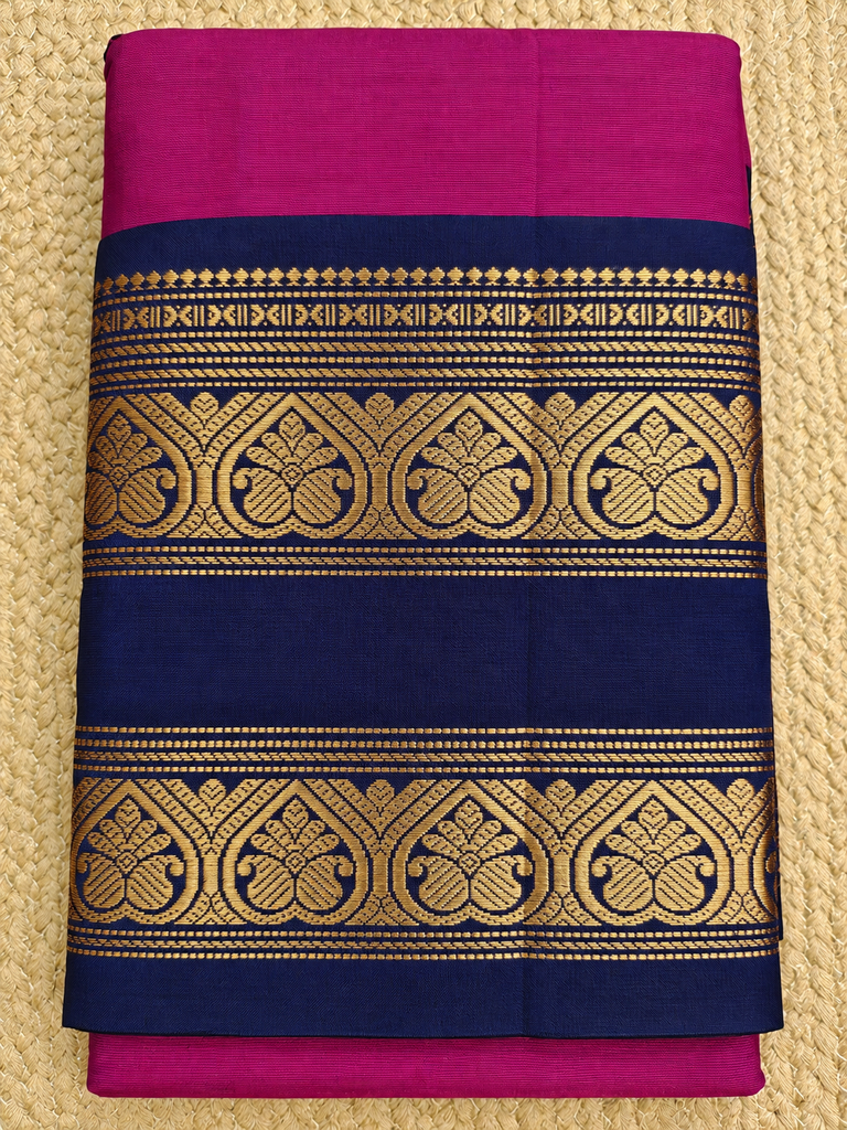 Magenta Kanchi Cotton Saree with Navy Blue Gold Zari Border