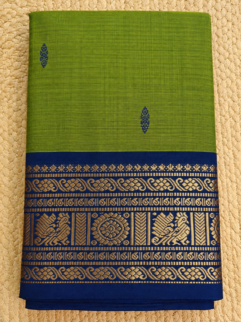Olive Green Kanchi Cotton Saree with Small Buttas & Striped Pallu