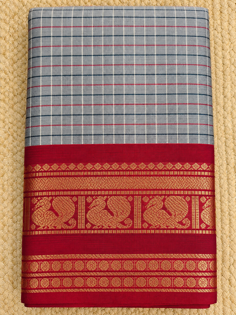 Grey Checked Kanchi Cotton Saree with Red & Navy Borders (Ganga Jamuna border)