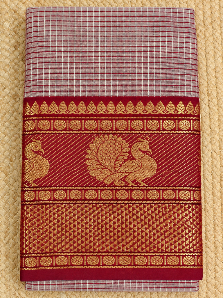 Dusty Rose Checks Handloom Saree with Rich Maroon Zari Border Kanchi cotton